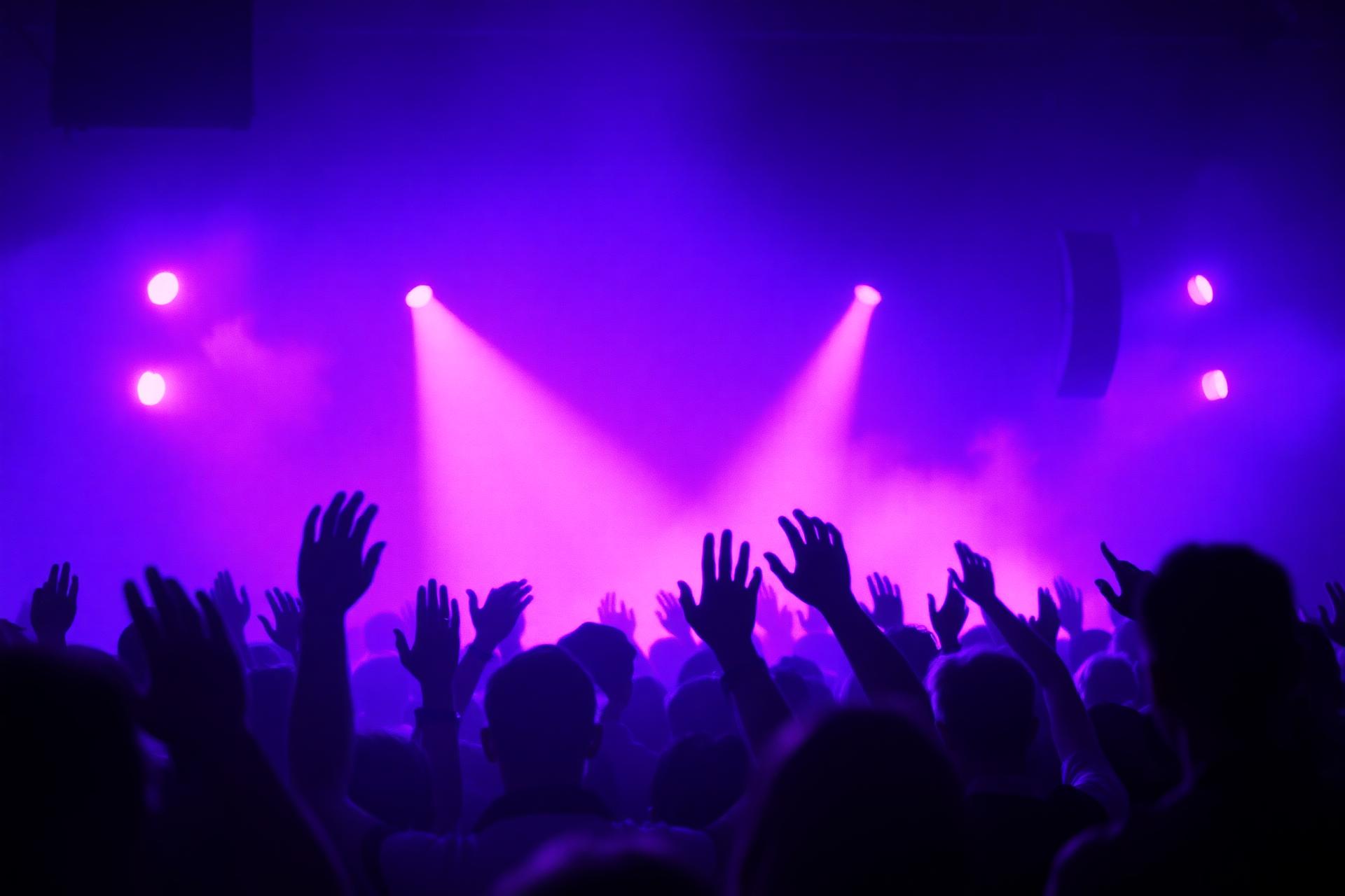 Concert crowd bathed in purple stage light